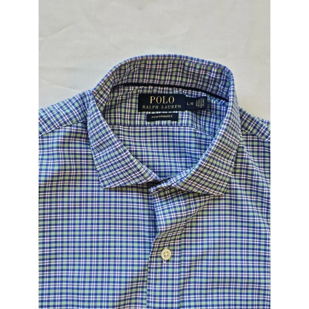 Polo Ralph Lauren Shirt Men's L Blue Plaid Performance Long Sleeve‎ Button Down